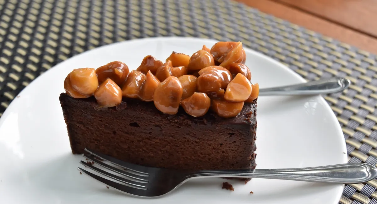 یک اسلایس کیک شکلاتی با تزئین ماکادمیا