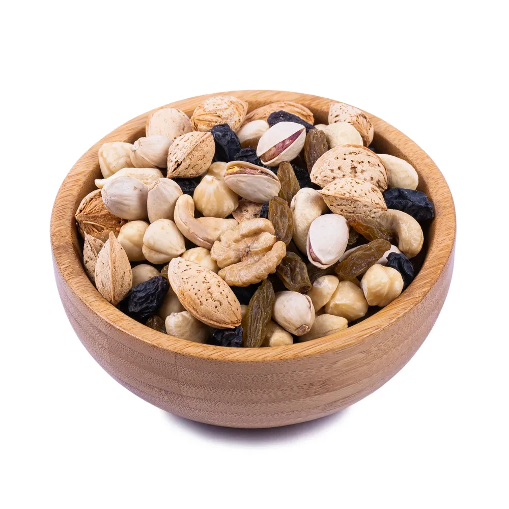economic-sweet-nuts-mix-in-shell in wooden bowl-