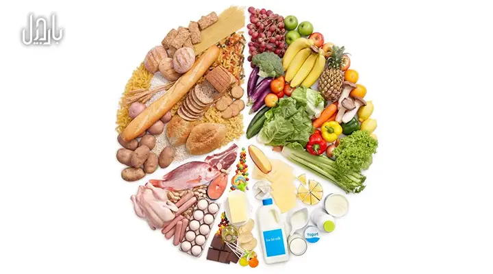 دایره شامل چهار قسمت که هر بخش نماینده گروهی از مواد مغذی هستند